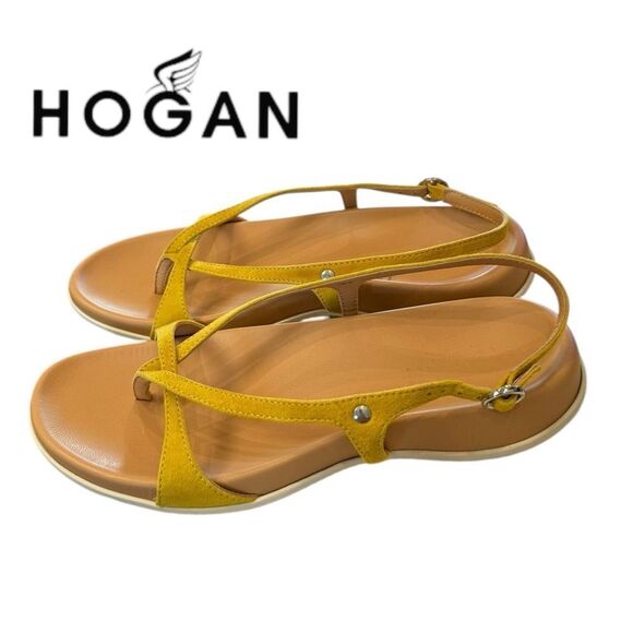 HOGAN Women's Italy Buckle Thong Suede Leather Yellow Sandals 37 7 - Picture 1 of 7